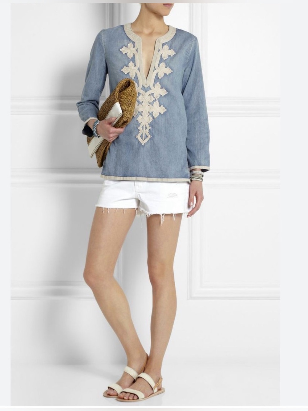 J Crew Chambray Blue Denim Embroidered V-Neck Tunic